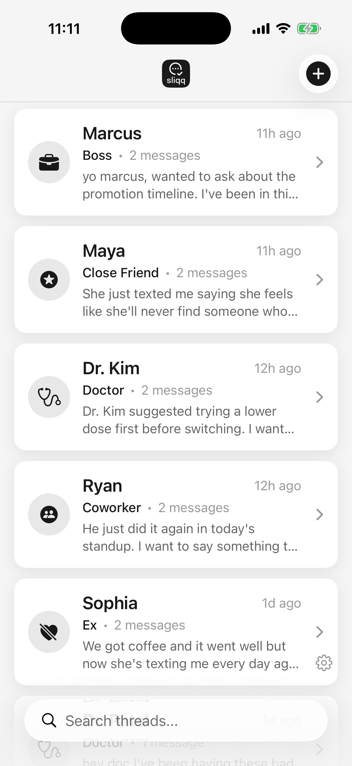 Sliqq home screen with conversation threads