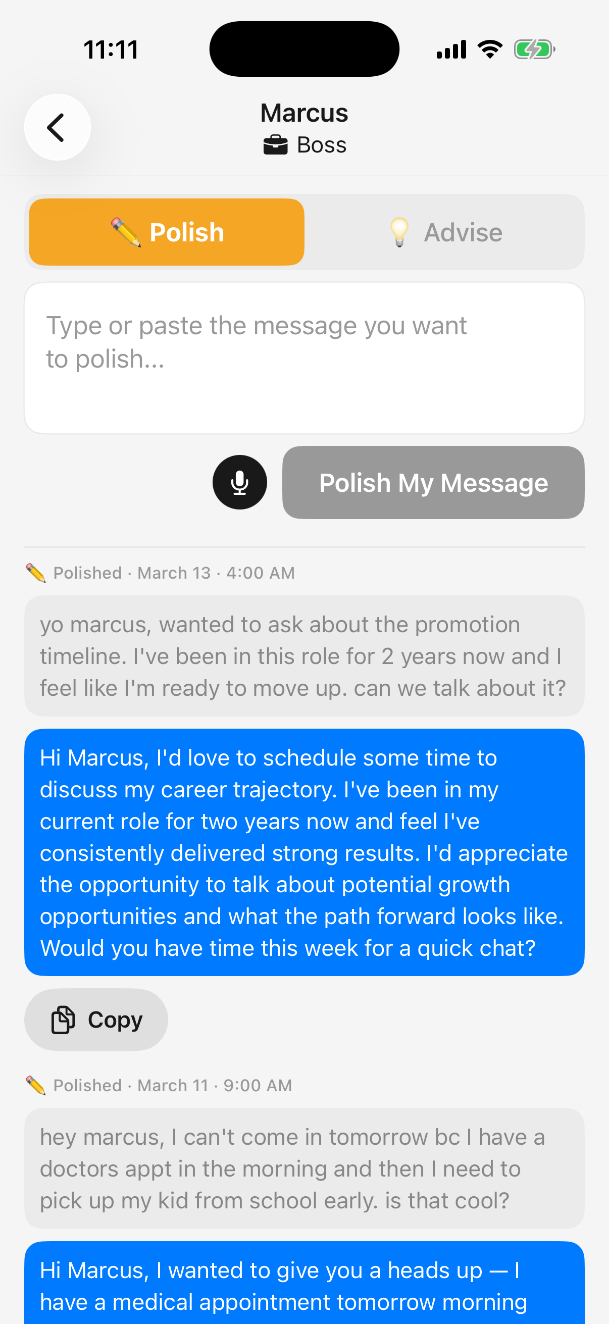 Polish mode — before and after message