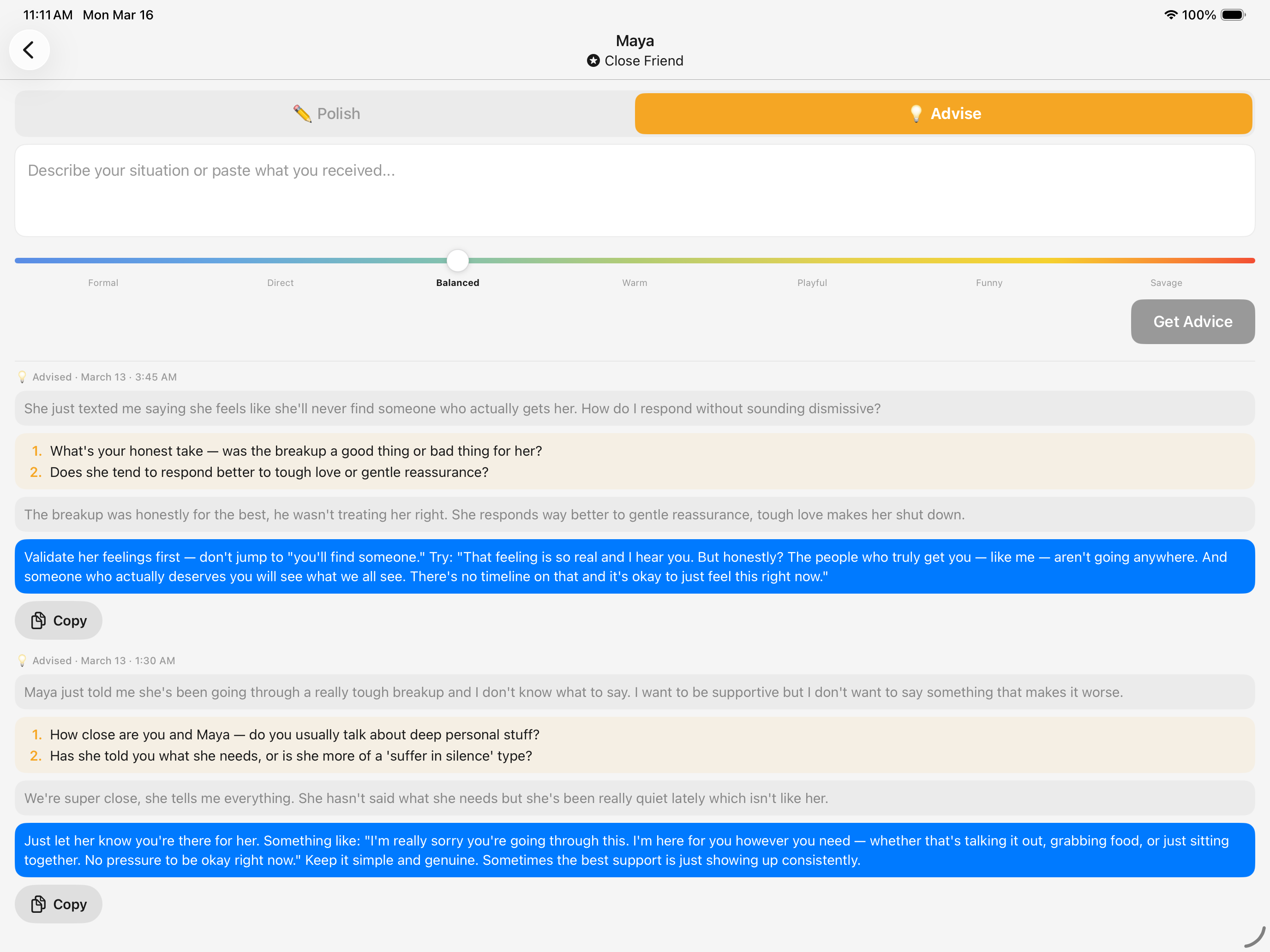 Sliqq iPad advise mode with friend conversation