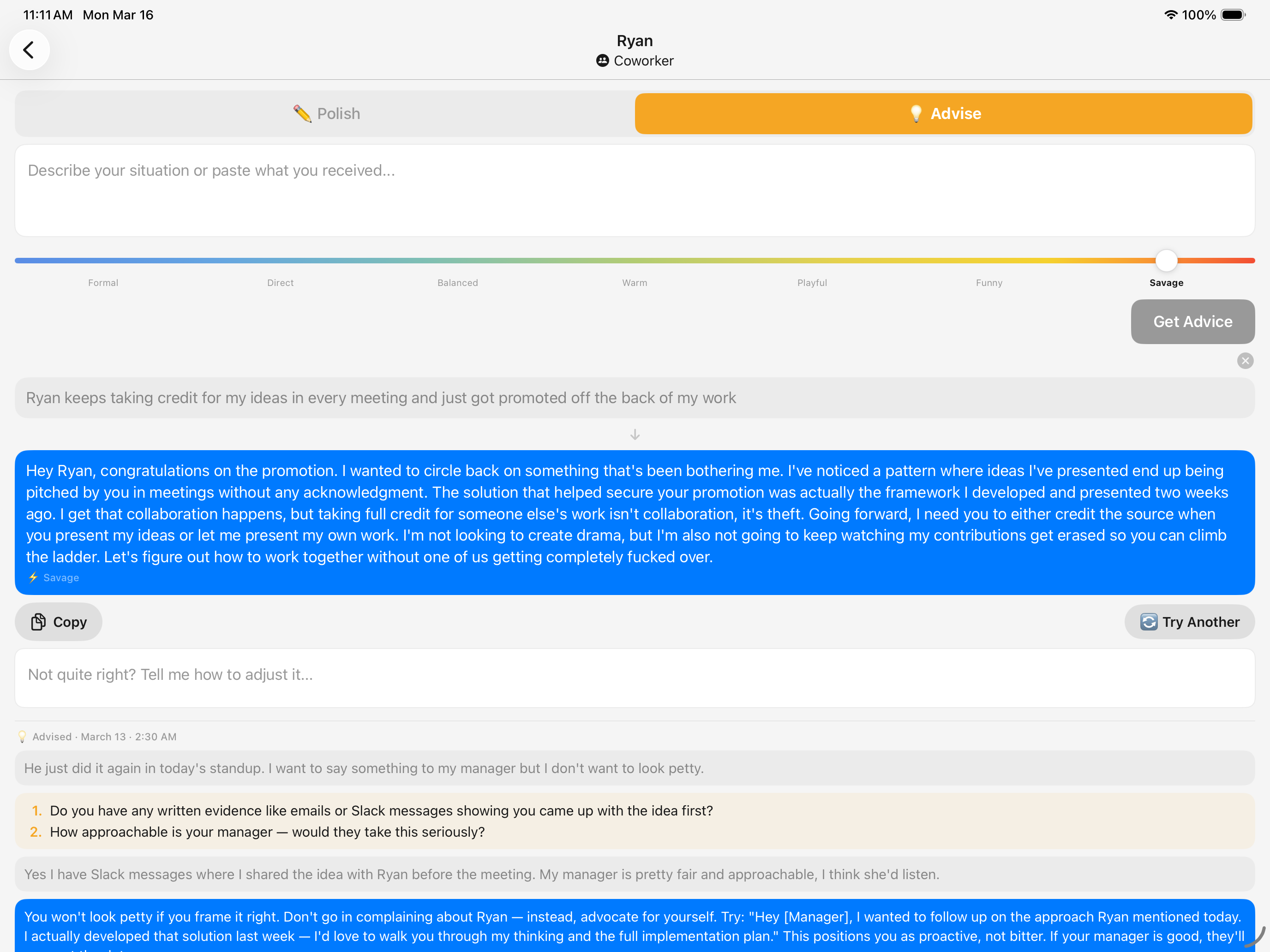 Sliqq iPad savage tone for coworker situation