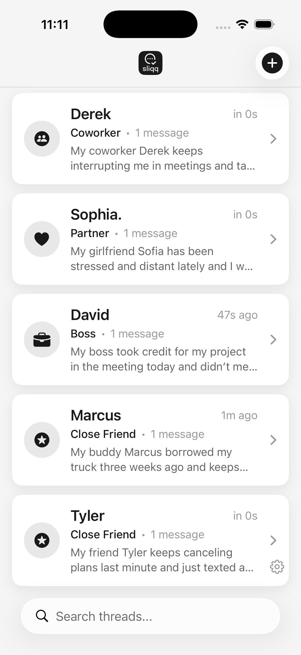 Sliqq home screen with conversation threads