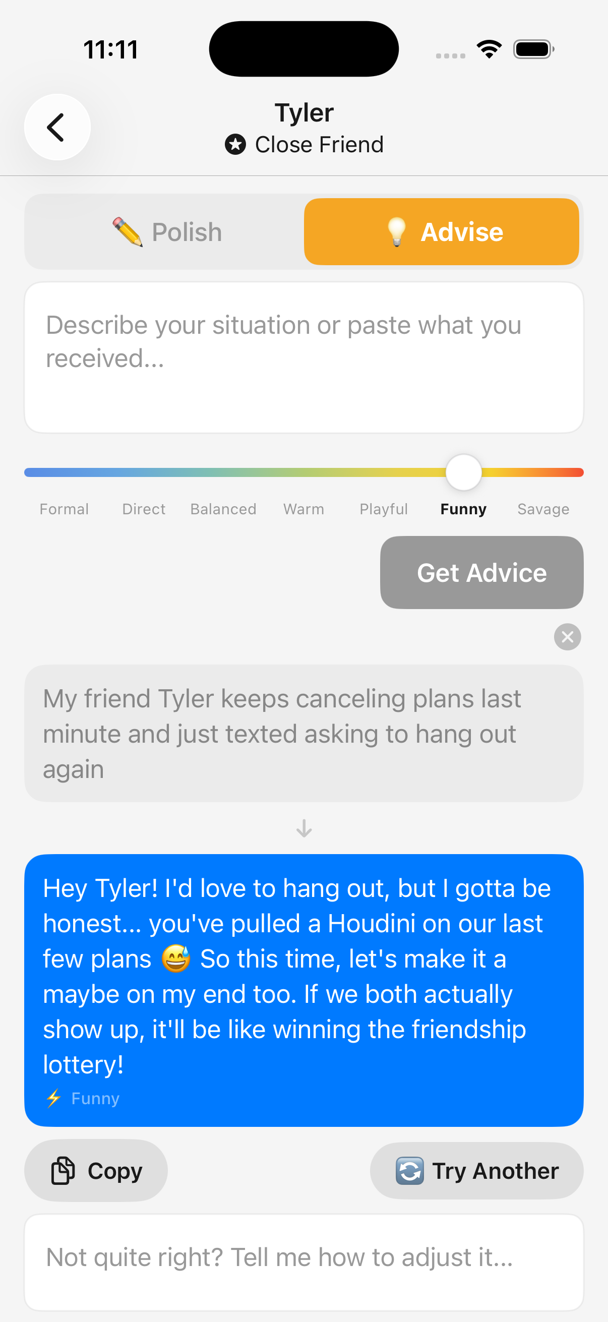 Funny tone — lighthearted advice for friend drama