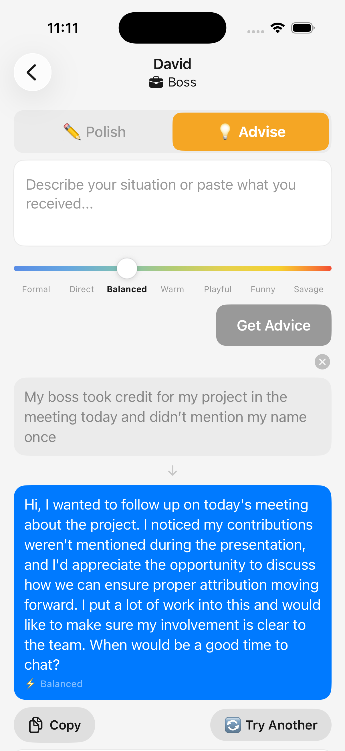 Balanced tone — professional advice for workplace issues